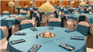 Turquoise and white wedding reception close up of a table setting with white rose center pieces